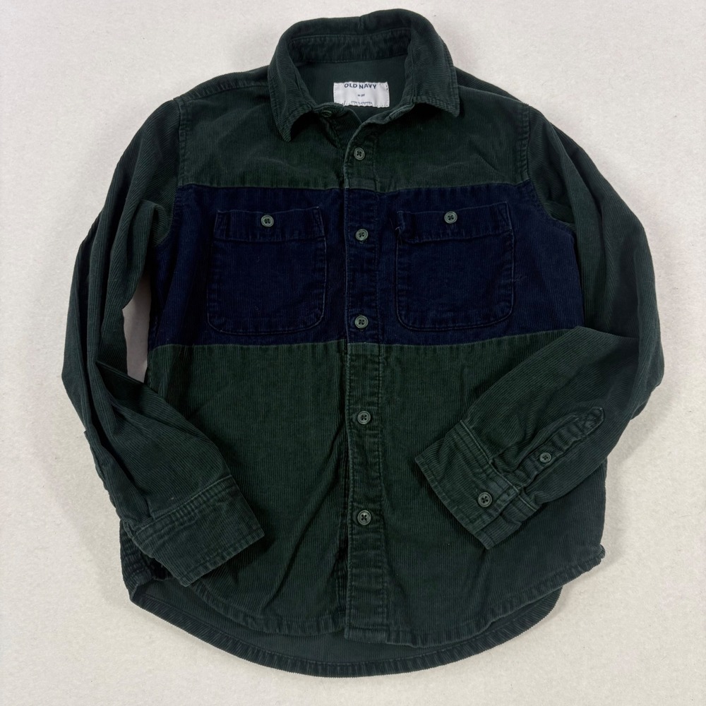 Old Navy Corduroy Shirt Boys M 8 Green Blue Colorblock Button Up Preppy Cotton